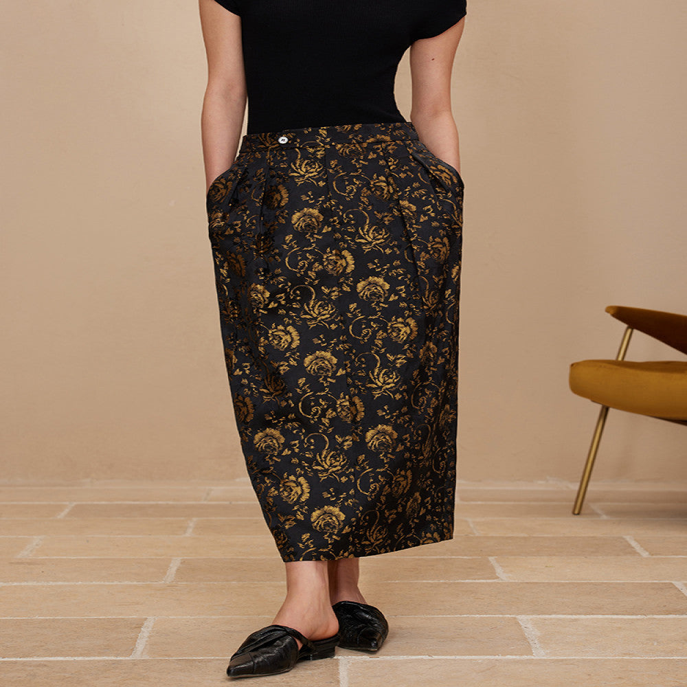 Ruyi Lianyun Spring and Autumn New Double pleated Jacquard Half length Skirt for Women Retro New Chinese Style Back slit High waisted Flower Bud Skirt image 1
