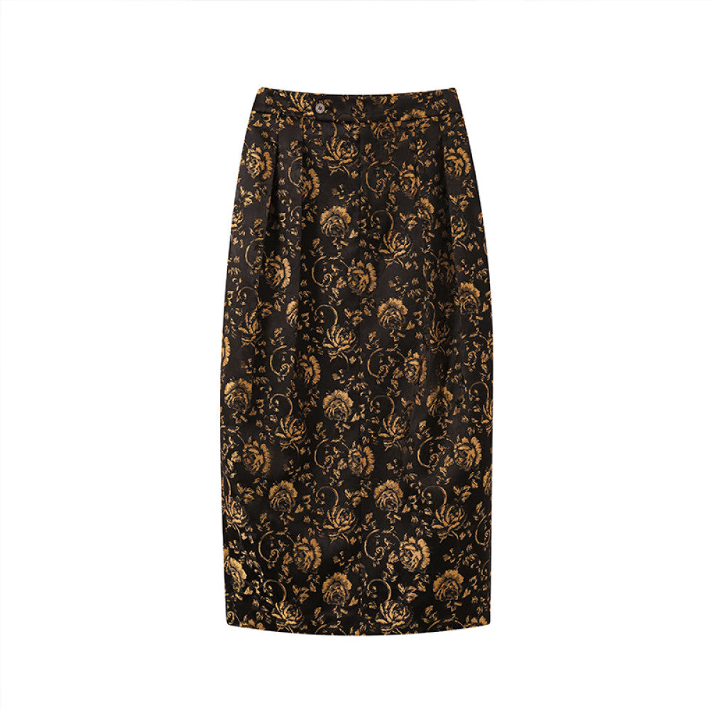 Ruyi Lianyun Spring and Autumn New Double pleated Jacquard Half length Skirt for Women Retro New Chinese Style Back slit High waisted Flower Bud Skirt image 7