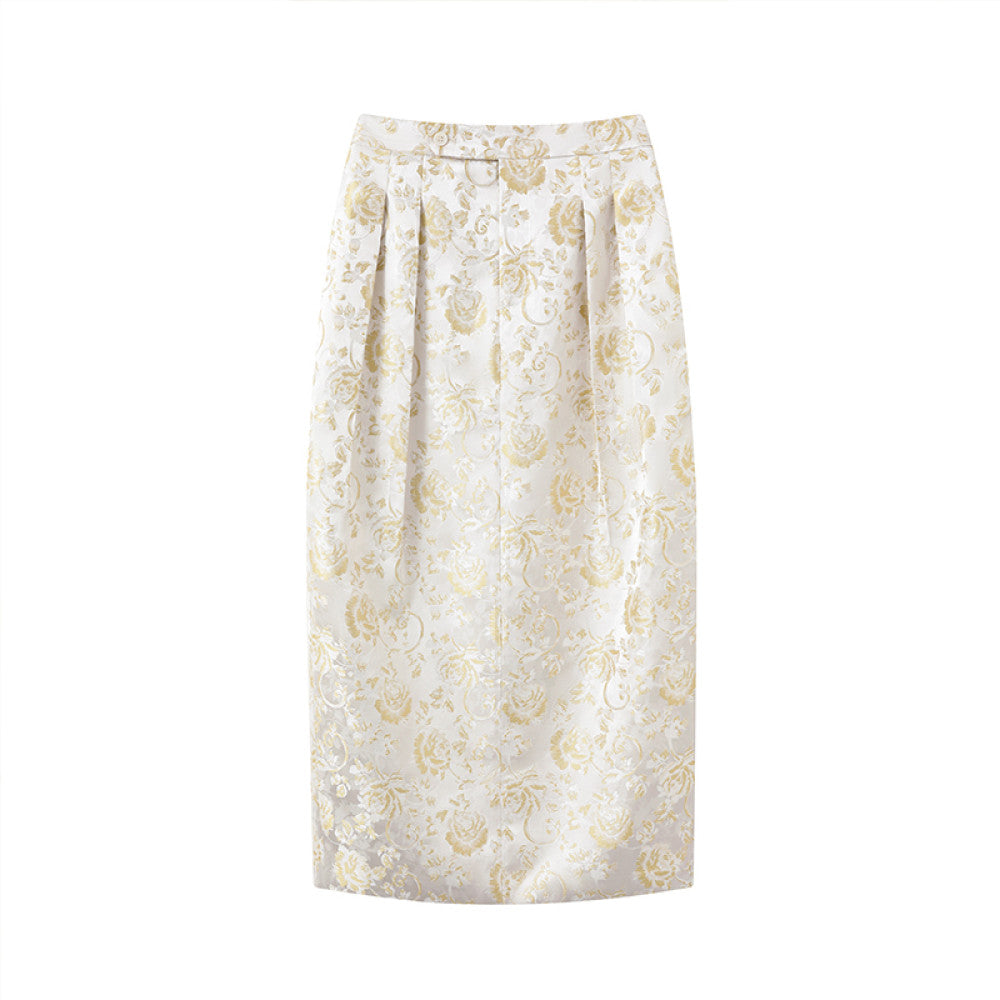 Ruyi Lianyun Spring and Autumn New Double pleated Jacquard Half length Skirt for Women Retro New Chinese Style Back slit High waisted Flower Bud Skirt image 12