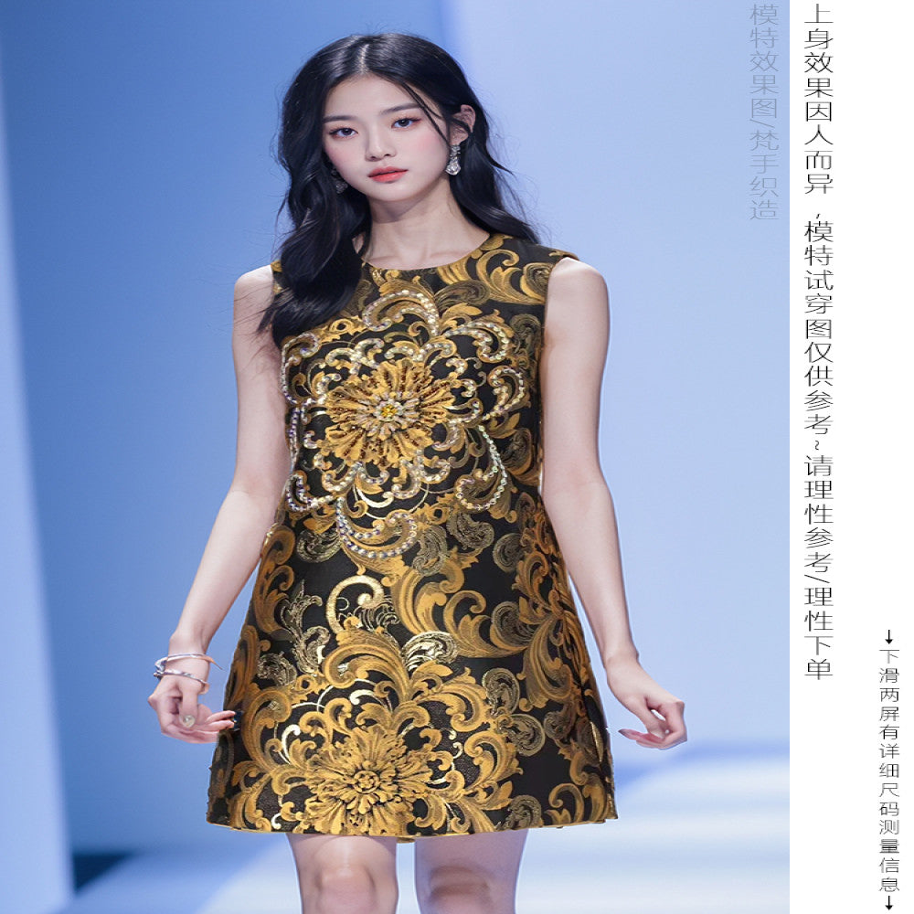 Heavy version Beaded sequins early autumn embroidered jacquard sleeveless dress female summer rich lady western style vest dress image 5
