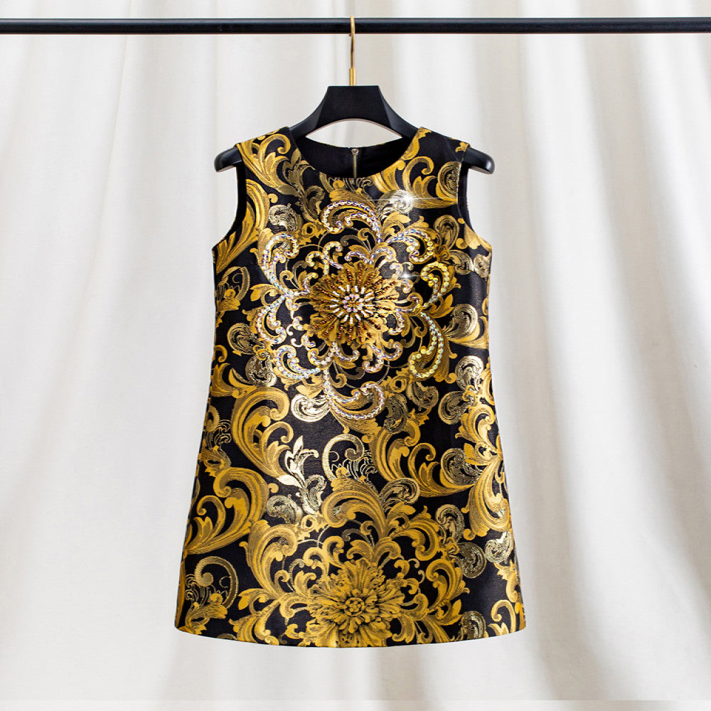 Heavy version Beaded sequins early autumn embroidered jacquard sleeveless dress female summer rich lady western style vest dress image 0
