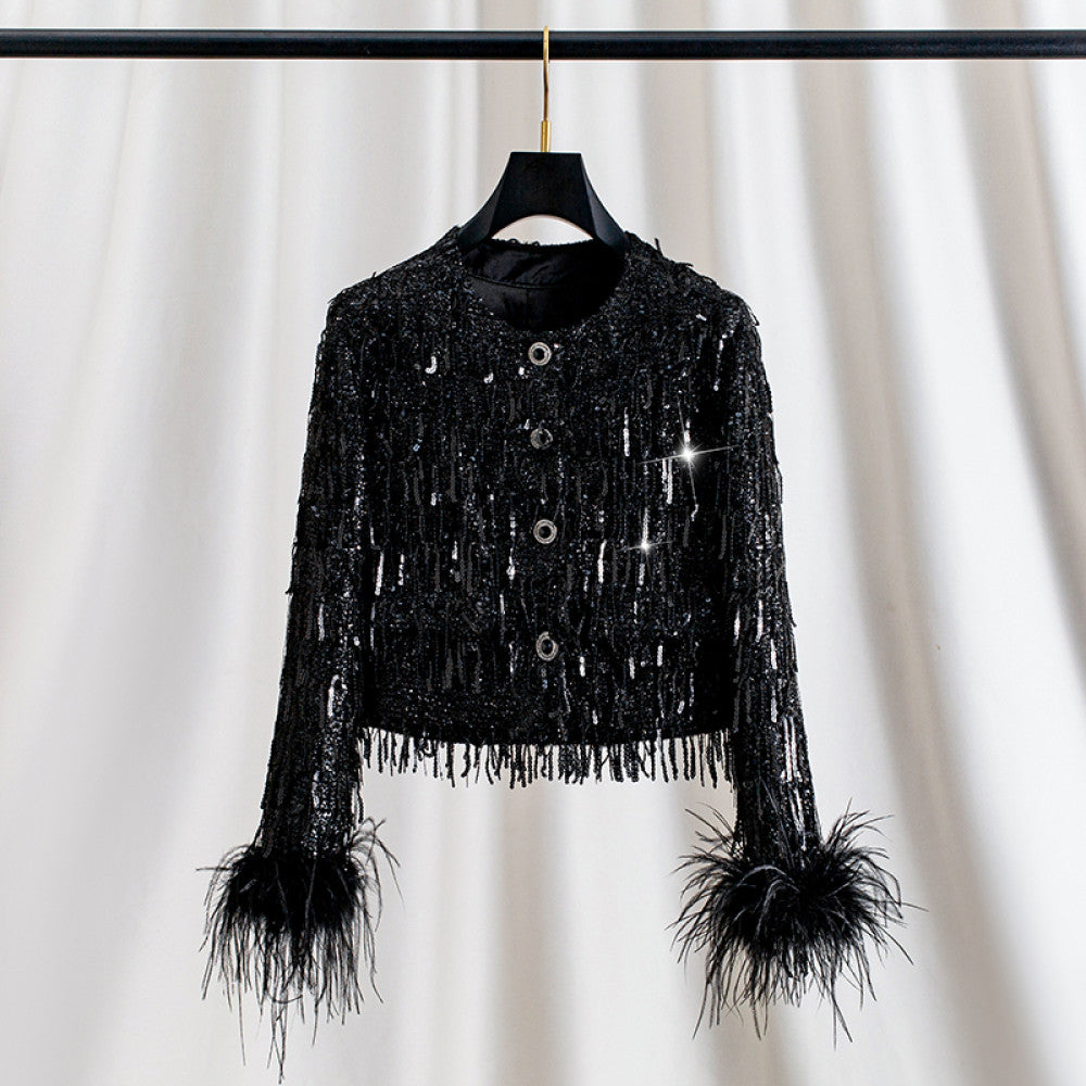 Ostrich feathers are removable sequined tassel French style lady Chanel style jacket for women autumn and winter long sleeves large size image 7