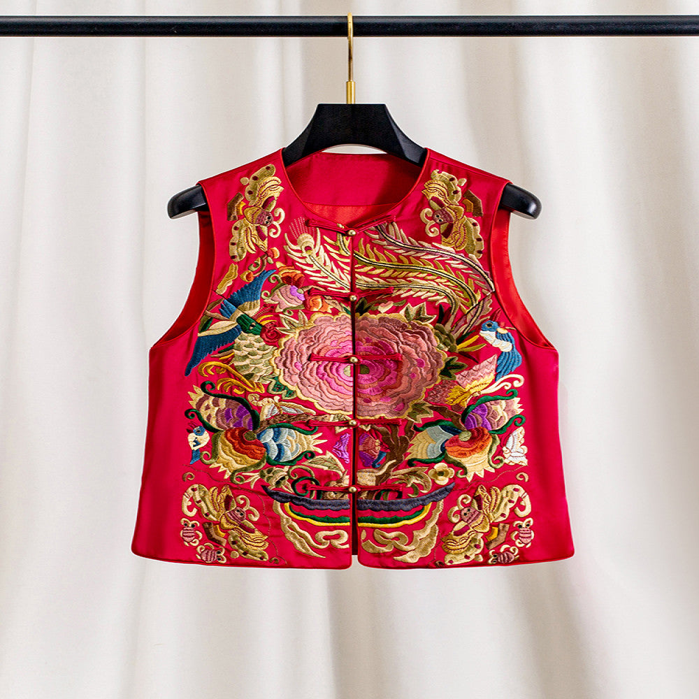 High grade red new Chinese style embroidered acetate vest for women to wear as a loose and lazy Spring Festival greeting dress for mothers image 0