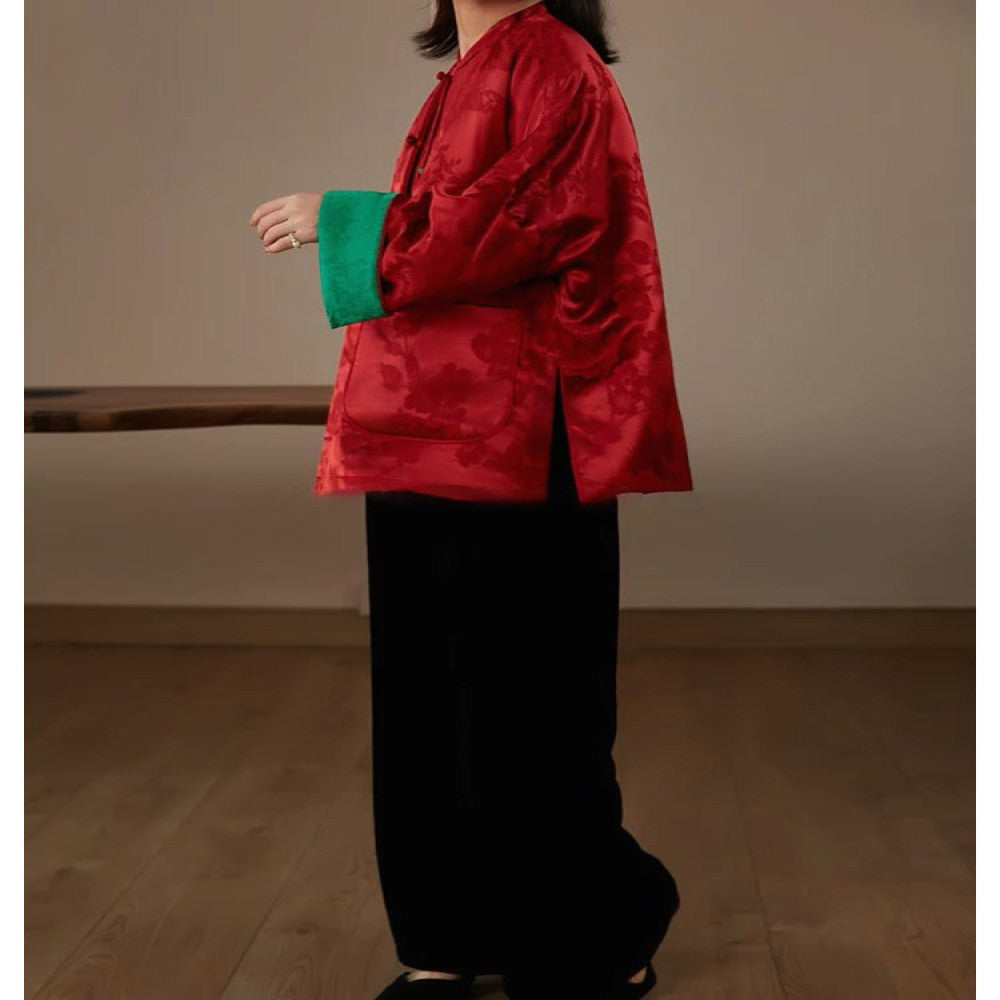 2025 Autumn New Year s Robe New Chinese style Improved Tang style Top Wide Pine New Year s Coat Pan Button Red Split Coat image 2