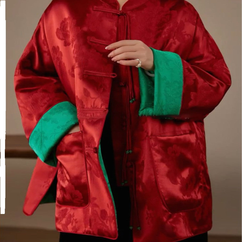 2025 Autumn New Year s Robe New Chinese style Improved Tang style Top Wide Pine New Year s Coat Pan Button Red Split Coat image 3