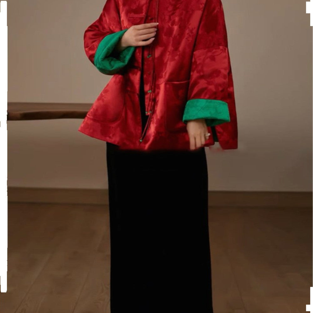 2025 Autumn New Year s Robe New Chinese style Improved Tang style Top Wide Pine New Year s Coat Pan Button Red Split Coat image 4