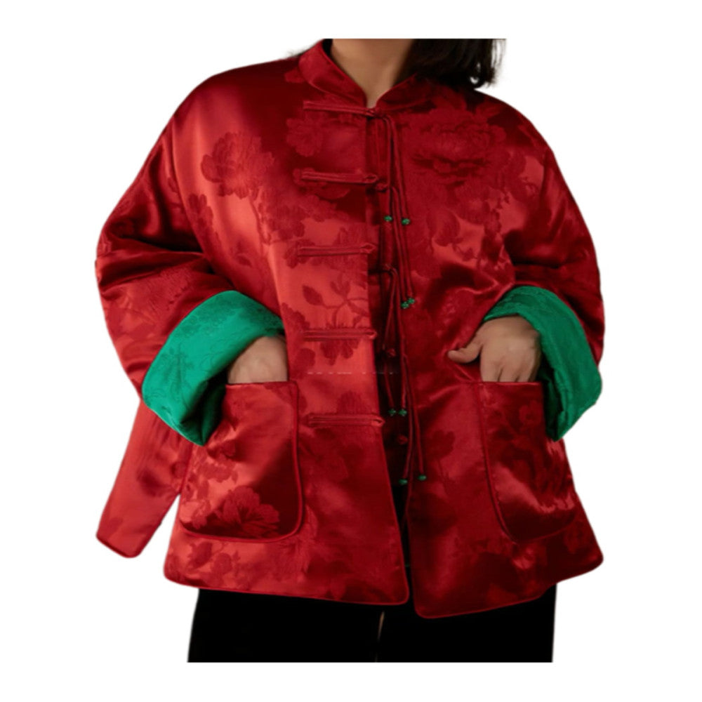 2025 Autumn New Year s Robe New Chinese style Improved Tang style Top Wide Pine New Year s Coat Pan Button Red Split Coat image 5