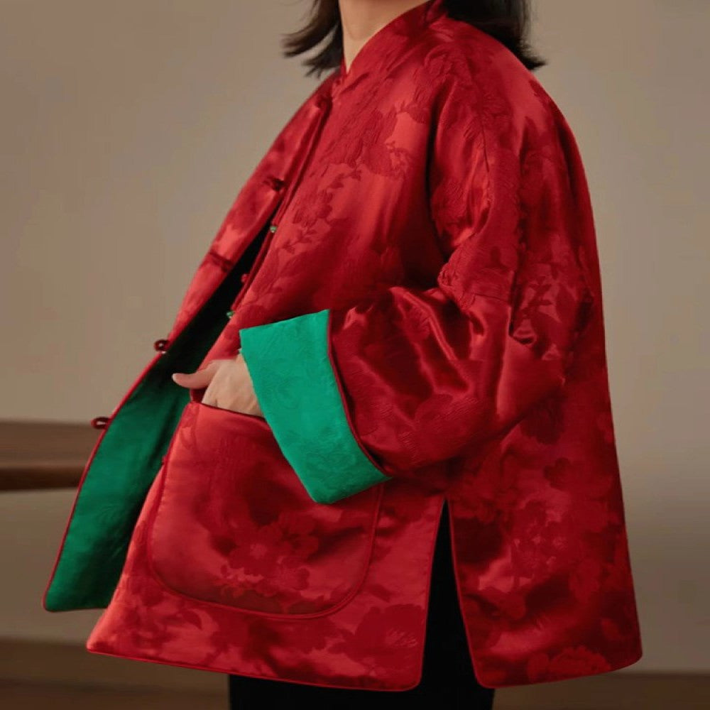 2025 Autumn New Year s Robe New Chinese style Improved Tang style Top Wide Pine New Year s Coat Pan Button Red Split Coat image 10