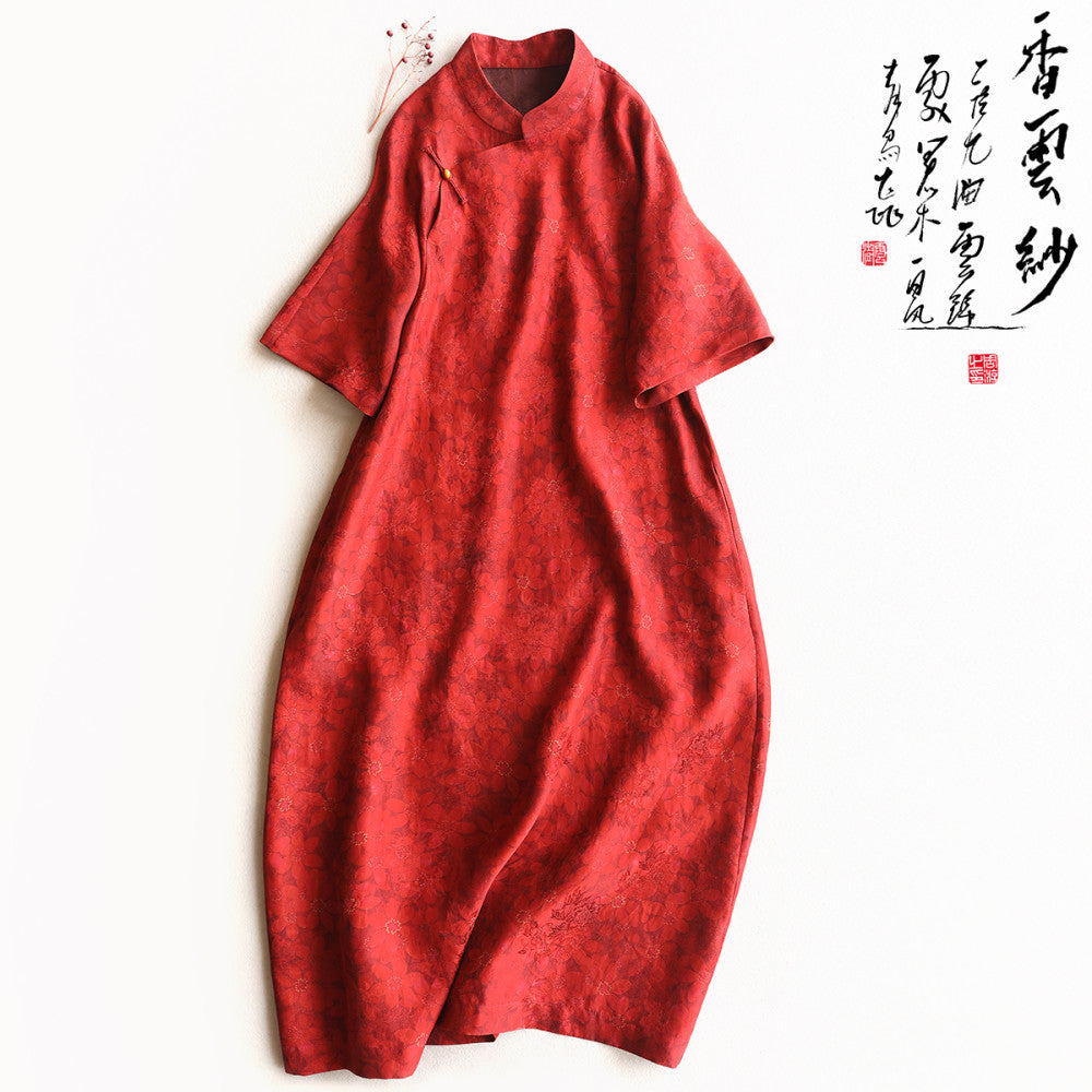 Yunshu original flower Luo Xiangyun yarn mid length skirt red new Chinese style happy mother loose silk dress A line skirt image 1