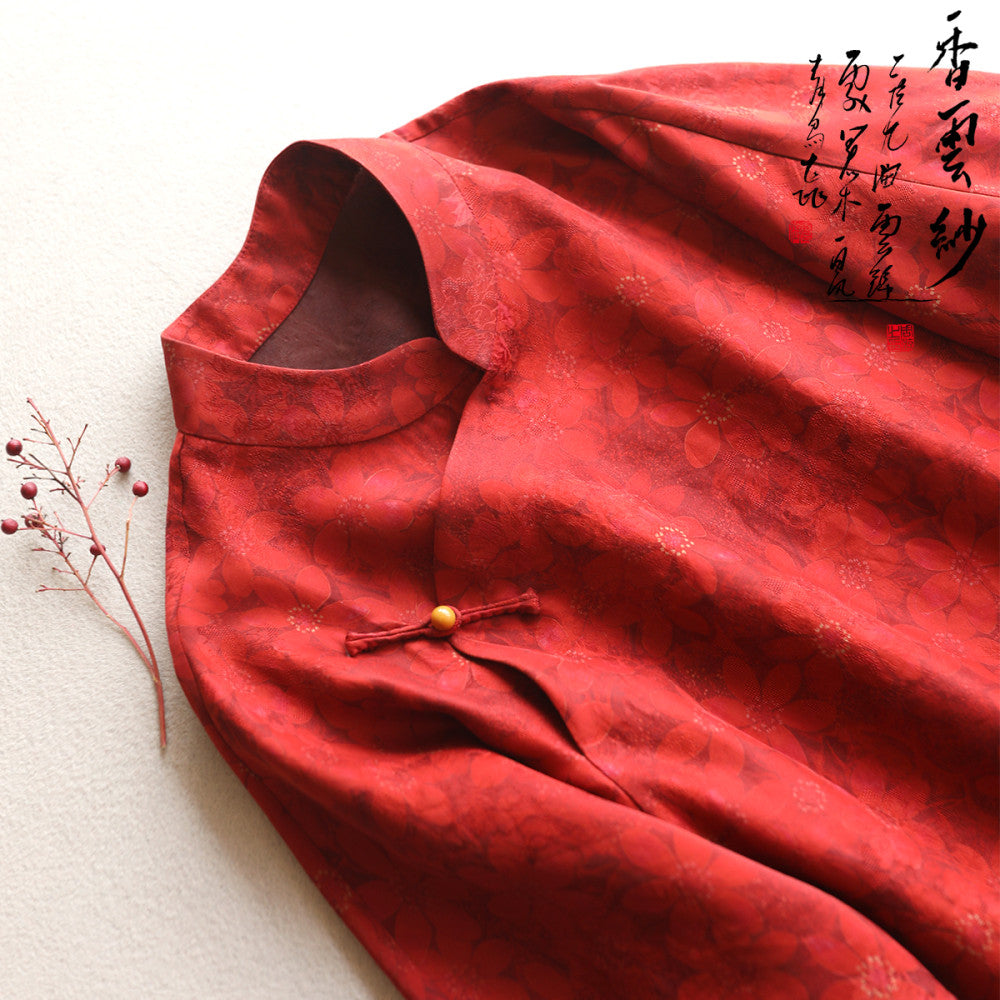 Yunshu original flower Luo Xiangyun yarn mid length skirt red new Chinese style happy mother loose silk dress A line skirt image 3