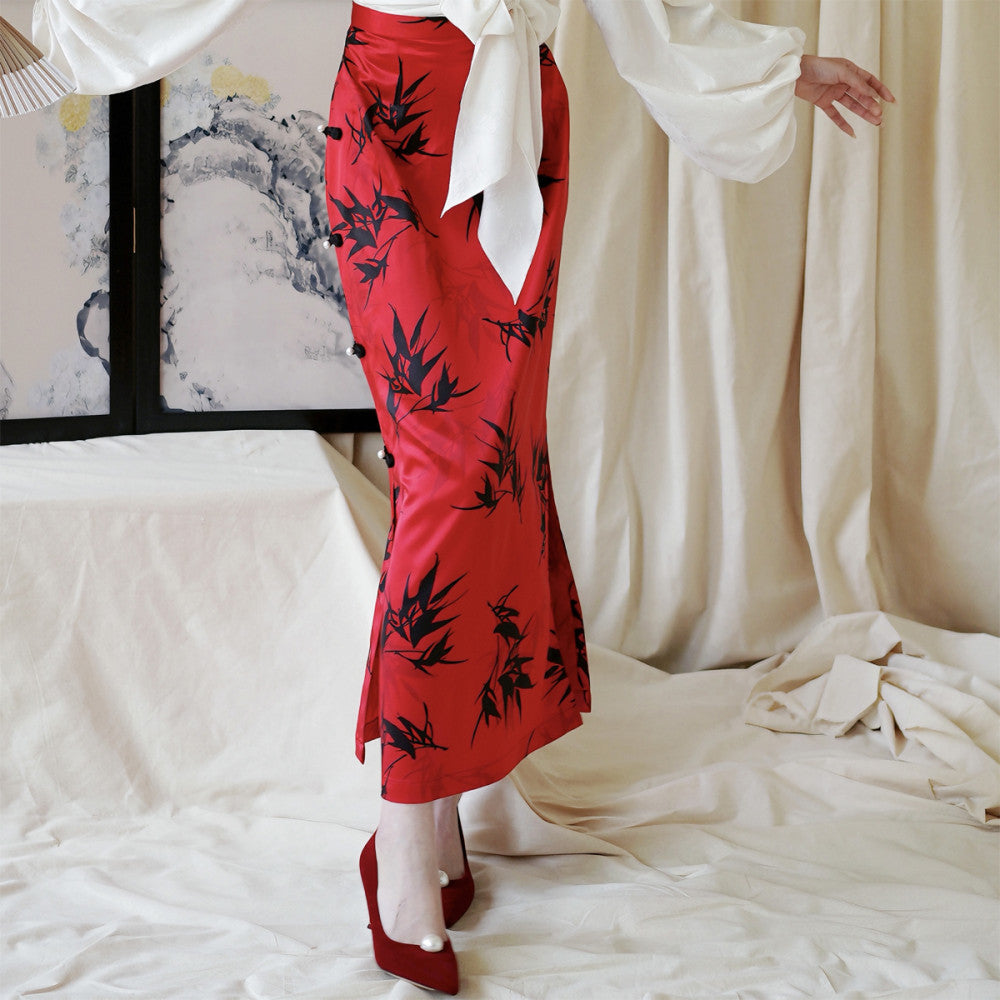 Moye New Chinese Style Bamboo Bank Red Engagement Wedding High Waist Slim Hip Retro Button Slit Skirt image 6