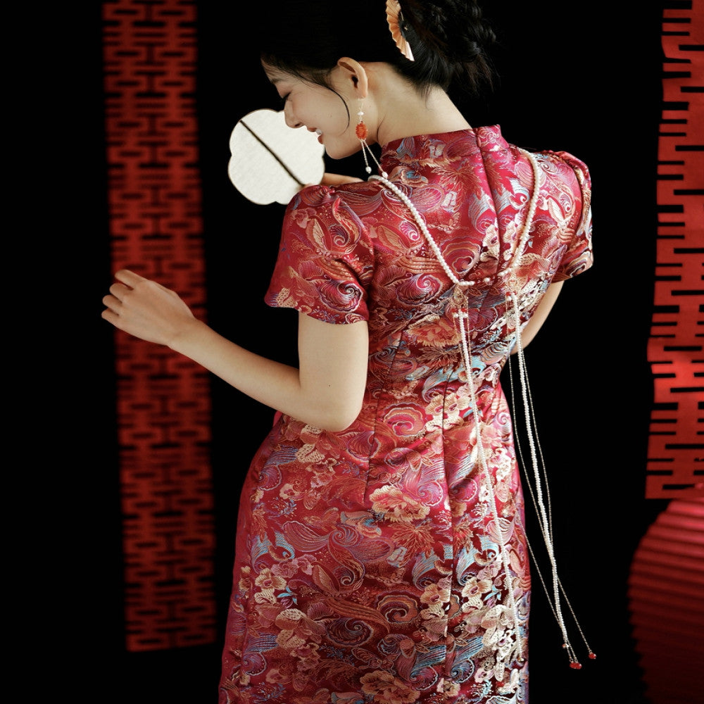 Moye New Chinese Style Yuexi Red Embroidered Jacquard High end Cheongsam Engagement Wedding Bridal Toast Dress image 1