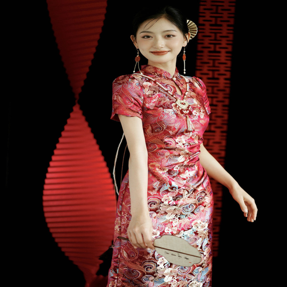Moye New Chinese Style Yuexi Red Embroidered Jacquard High end Cheongsam Engagement Wedding Bridal Toast Dress image 2