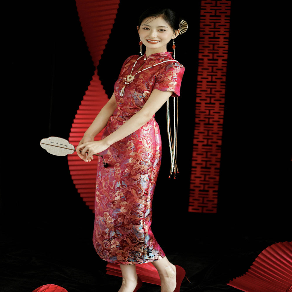 Moye New Chinese Style Yuexi Red Embroidered Jacquard High end Cheongsam Engagement Wedding Bridal Toast Dress image 3