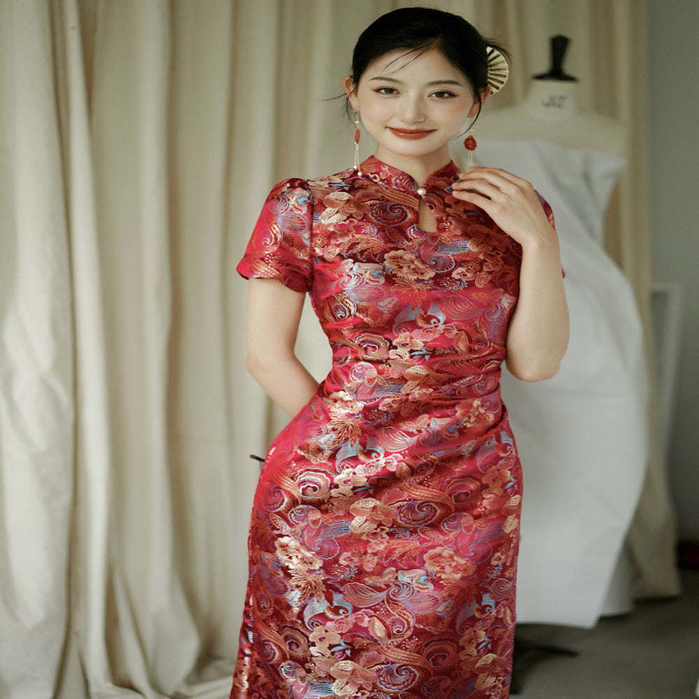 Moye New Chinese Style Yuexi Red Embroidered Jacquard High end Cheongsam Engagement Wedding Bridal Toast Dress image 4