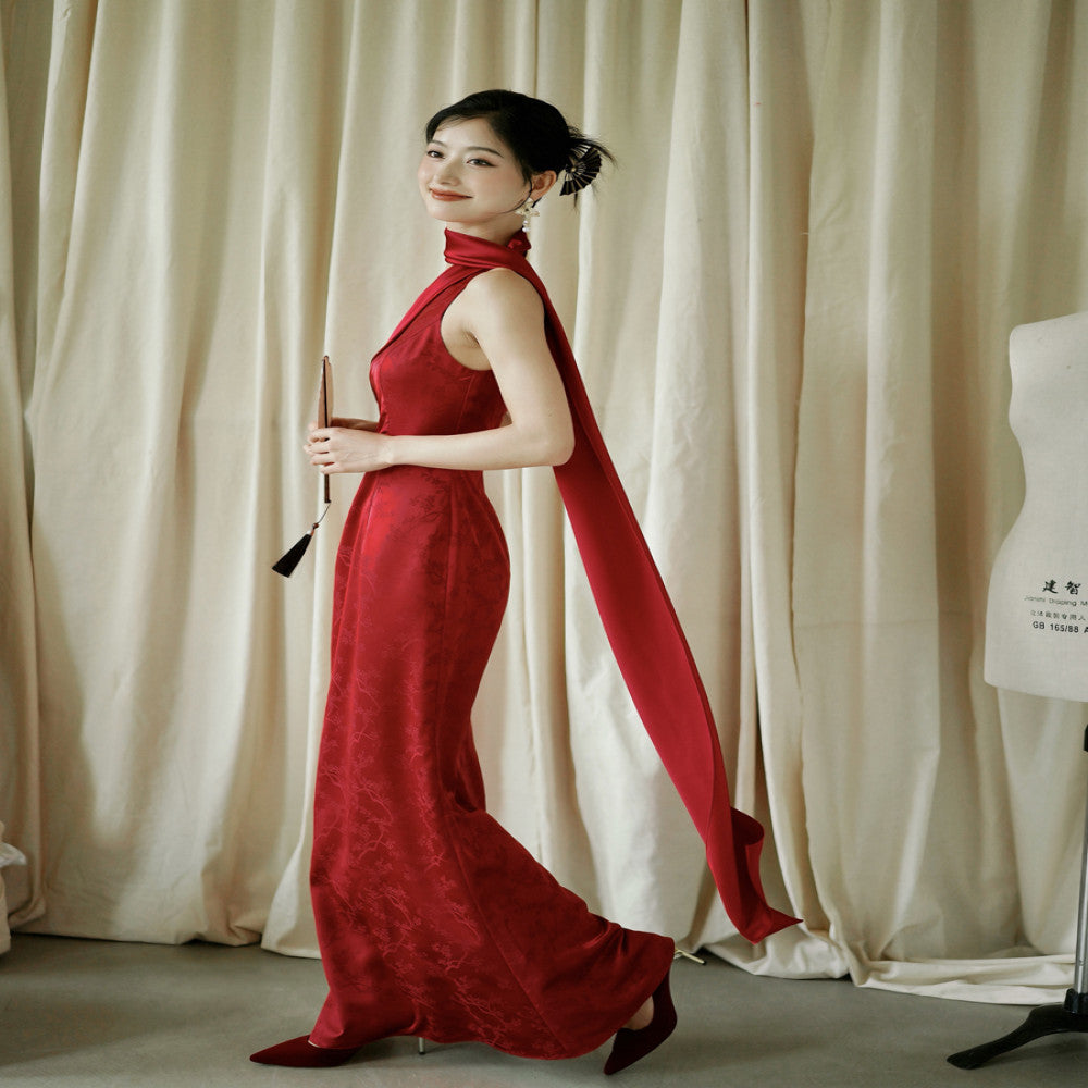 Moye New Chinese Style Pianran Red Jacquard Ribbon Morning Gown Knot Bridal Toast Dress Engagement Banquet Coming of Age Ceremony image 5