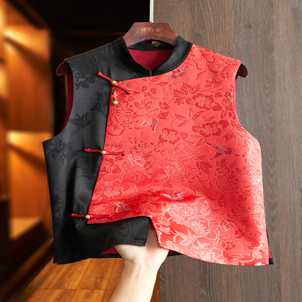 Red high end silk new Chinese style vest vest women s retro national trend gold thread jacquard mulberry silk layered top image 0