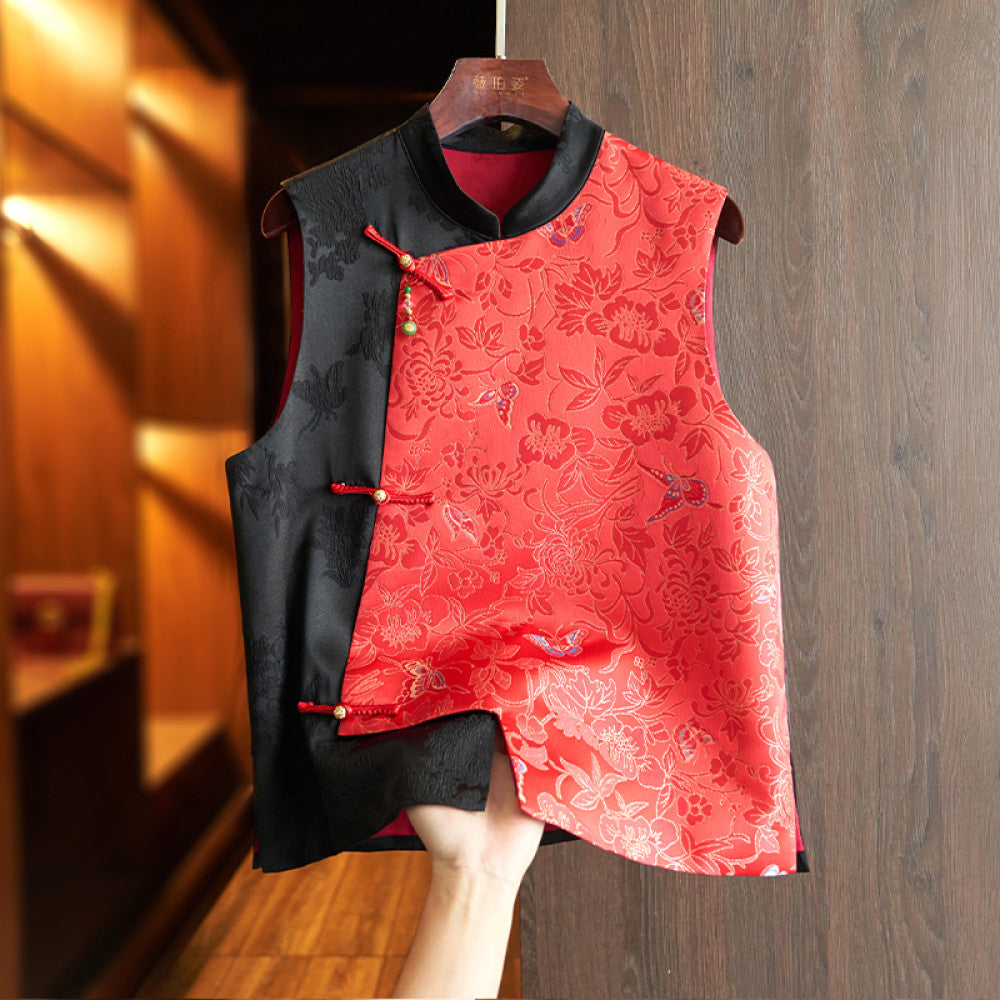 Red high end silk new Chinese style vest vest women s retro national trend gold thread jacquard mulberry silk layered top image 14