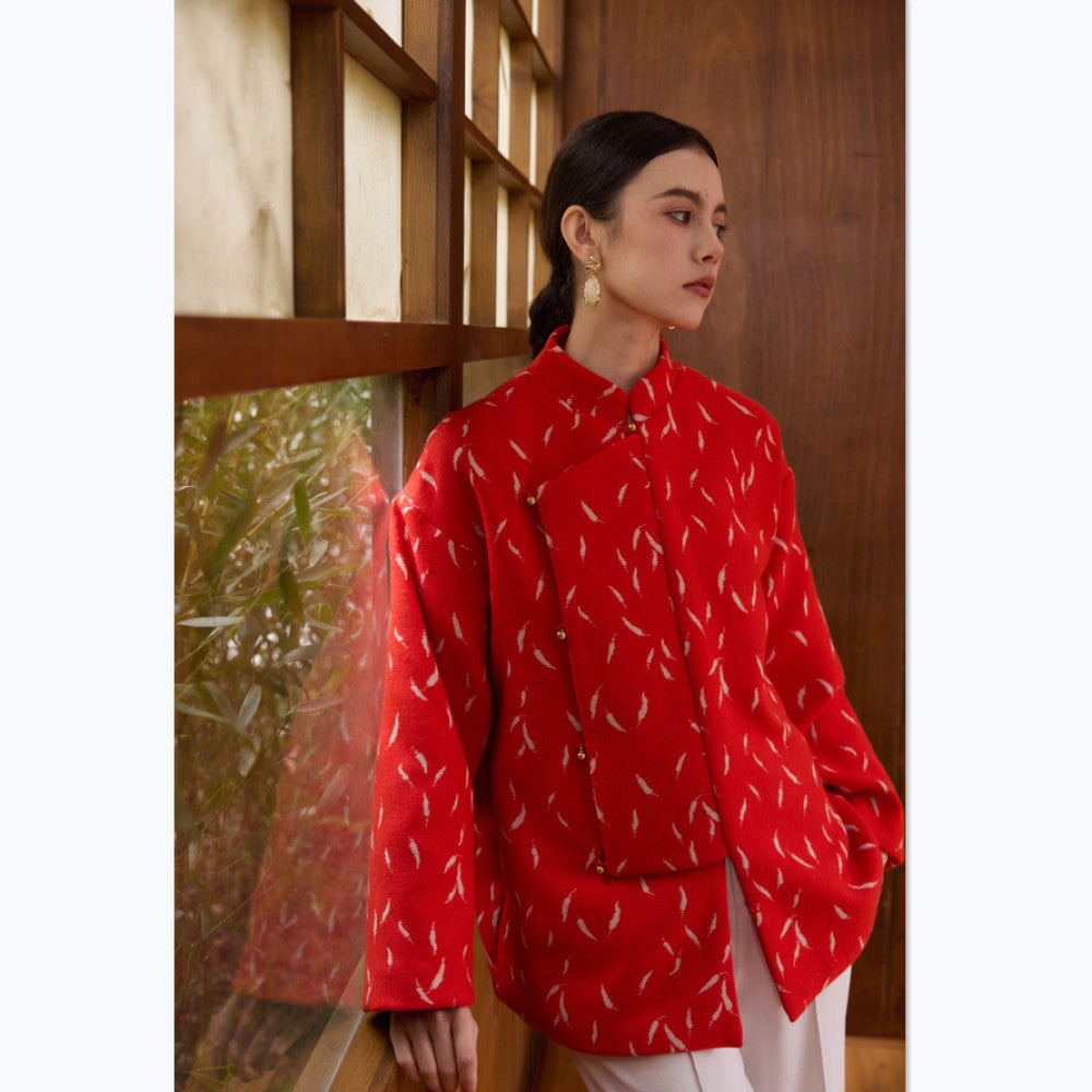 ASAYA3915: Red Festive Coat with Feather Print 🎋❤️