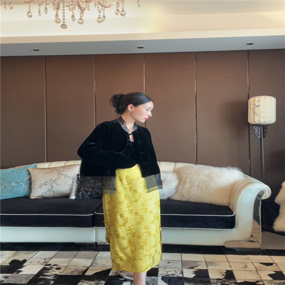 Yang Mi s same golden jacquard silk new Chinese style half skirt high waisted bag buckle with slit versatile mid length F3718 image 6