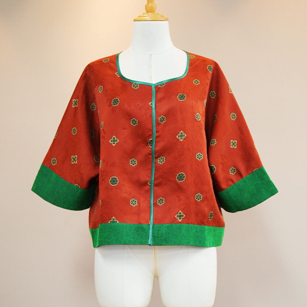 Yunjian Ziroom 100 Mulberry Silk Fragrant Cloud Yarn Jacquard Segment 35mm Orange Splicing Green Turtle Concealed Double breasted Top image 8