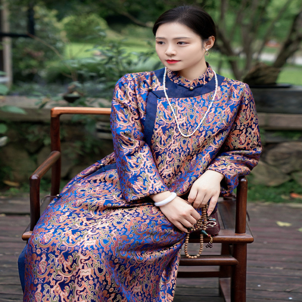 Five Star Oriental Cheongsam Mulberry Silk Xiangyunsha Shujin Stand Collar Splicing Contrast Color Long Sleeve Mid Length Cheongsam image 1