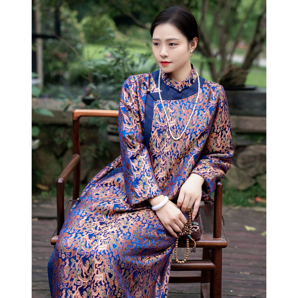 Five Star Oriental Cheongsam Mulberry Silk Xiangyunsha Shujin Stand Collar Splicing Contrast Color Long Sleeve Mid Length Cheongsam image 9