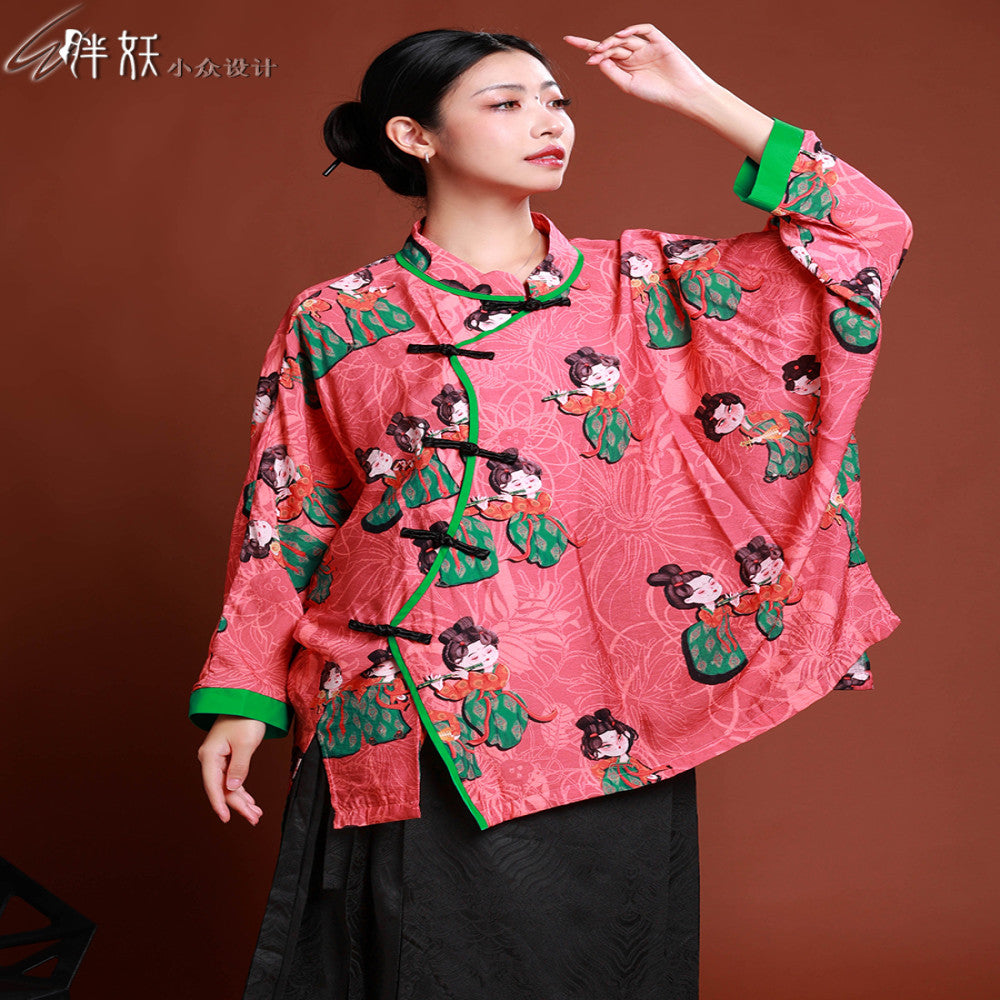 Wide version bat plus size Chinese printed thin cotton coat women s large flower plate button cotton coat loose Chinese style coat contrasting color splicing image 11
