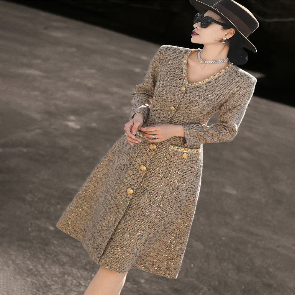 Lanser 2025 autumn new style temperament lady Xiao Xiang style heavy beaded V neck sequined tweed dress image 2