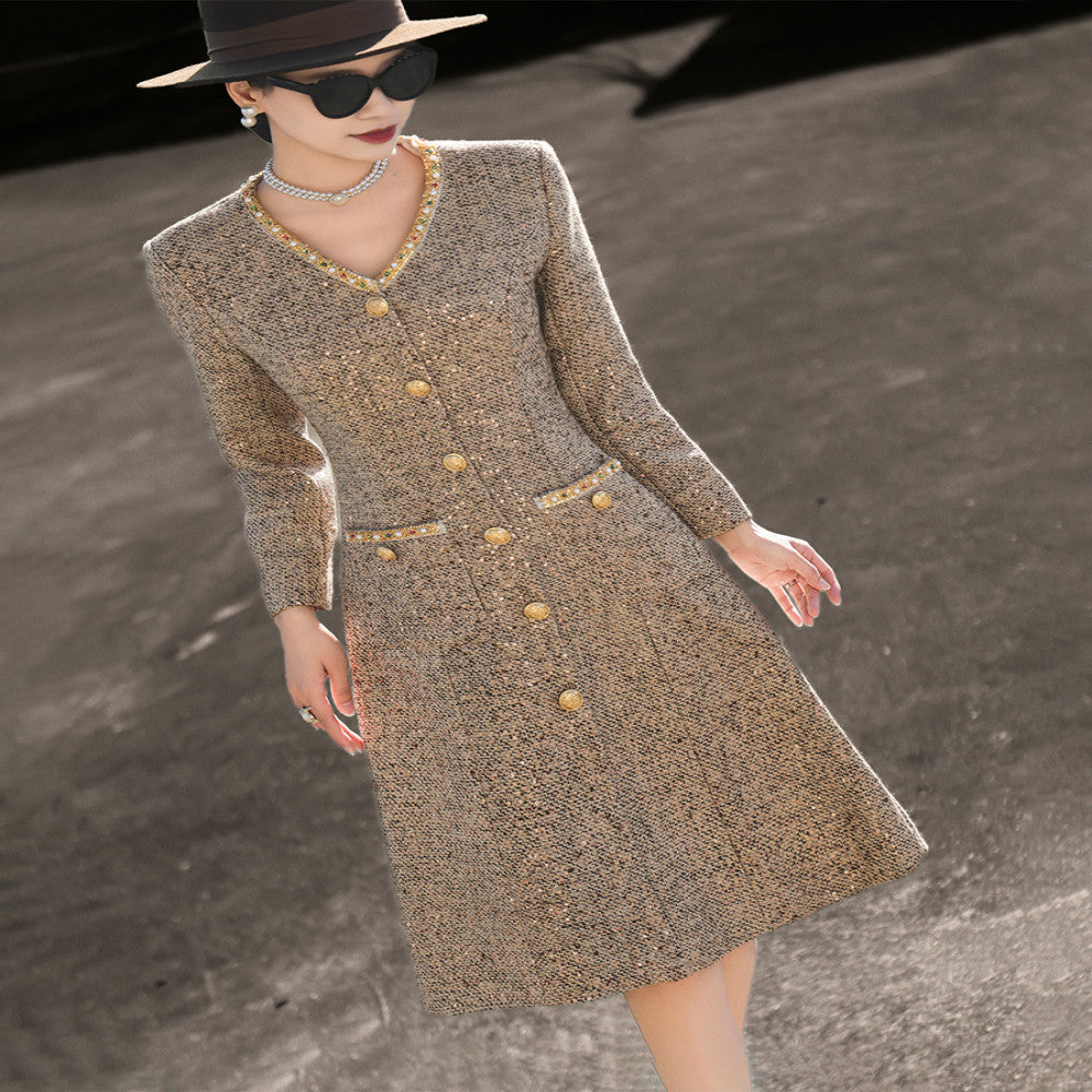 Lanser 2025 autumn new style temperament lady Xiao Xiang style heavy beaded V neck sequined tweed dress image 3