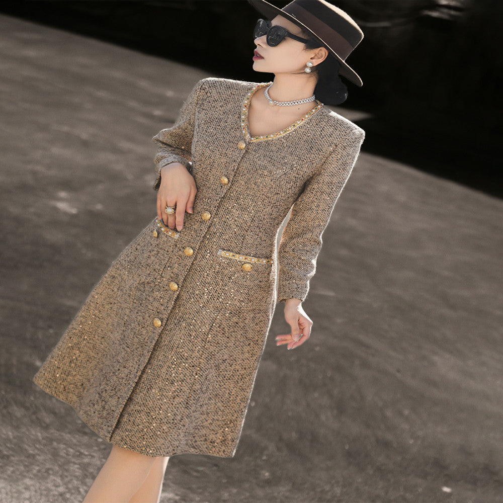 Lanser 2025 autumn new style temperament lady Xiao Xiang style heavy beaded V neck sequined tweed dress image 4