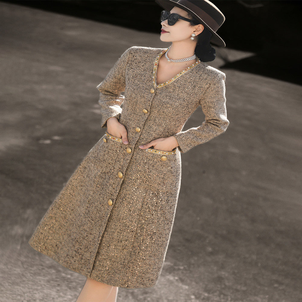 Lanser 2025 autumn new style temperament lady Xiao Xiang style heavy beaded V neck sequined tweed dress image 5