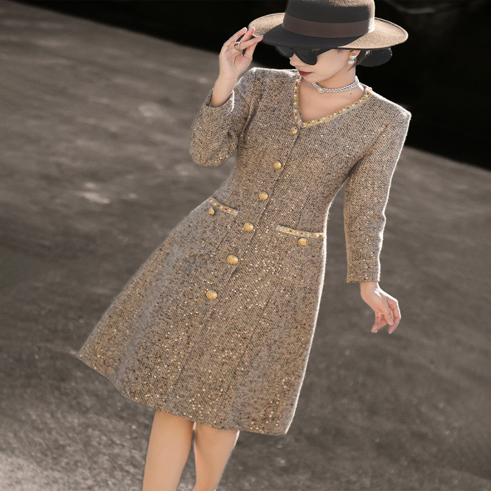 ASAYA3890 Elegant Beaded Tweed Dress
