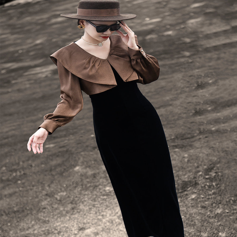 Lanser 2025 autumn new elegant false two piece stitching long sleeved doll collar black velvet dress image 3