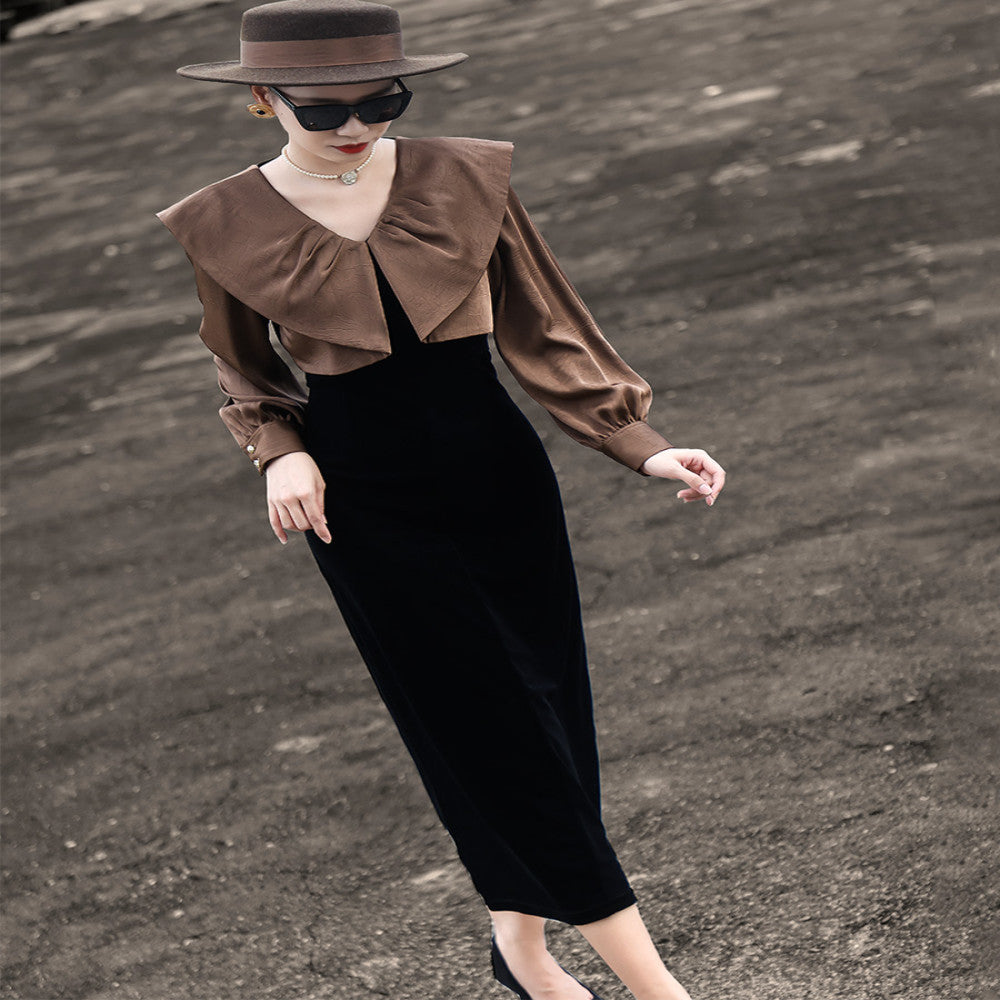 Lanser 2025 autumn new elegant false two piece stitching long sleeved doll collar black velvet dress image 4