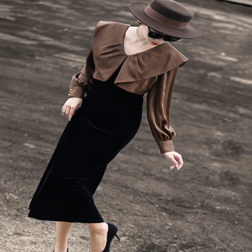 Lanser 2025 autumn new elegant false two piece stitching long sleeved doll collar black velvet dress image 5
