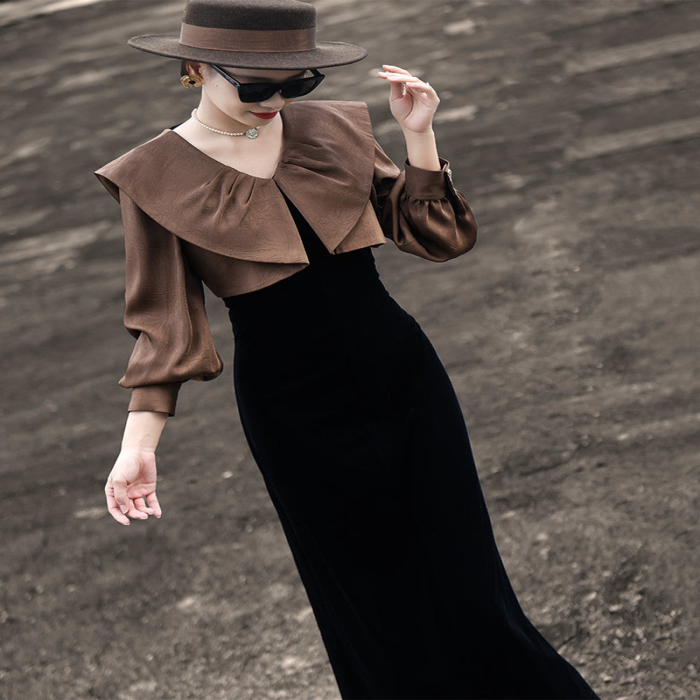 ASAYA3889 Elegant Velvet Dress with Faux Two-Piece Stitching ππ