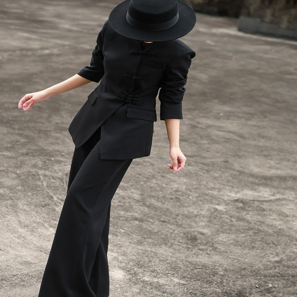 Lanser 2025 autumn new style temperament new Chinese style stand collar buckle suit jacket high waisted slightly flared pants two piece set image 4
