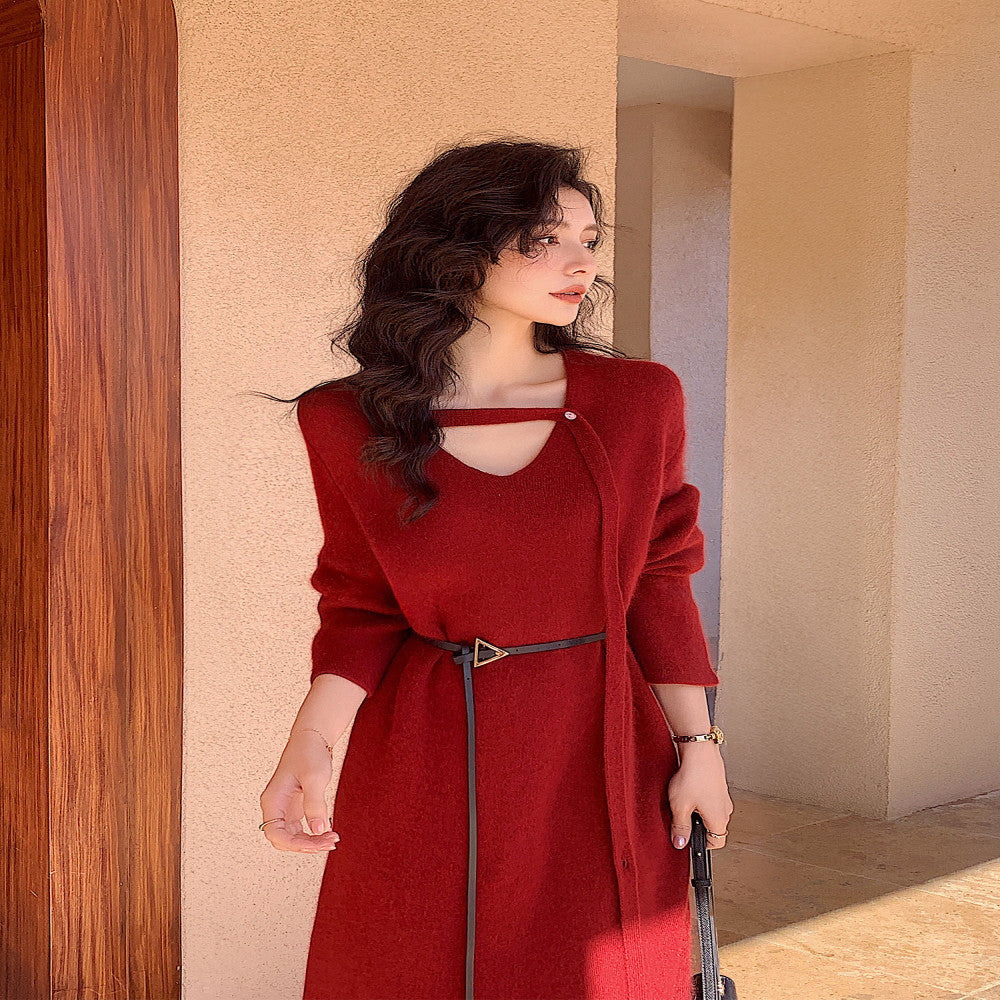 Knitted wool dress for autumn and winter 2025 new outfit in red for the Year of the Horse the Year of the Horse battle robe women s engagement dress image 3
