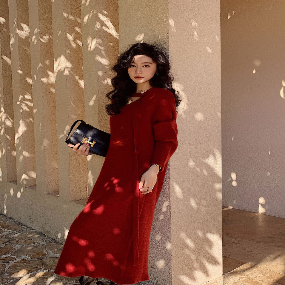 Knitted wool dress for autumn and winter 2025 new outfit in red for the Year of the Horse the Year of the Horse battle robe women s engagement dress image 4