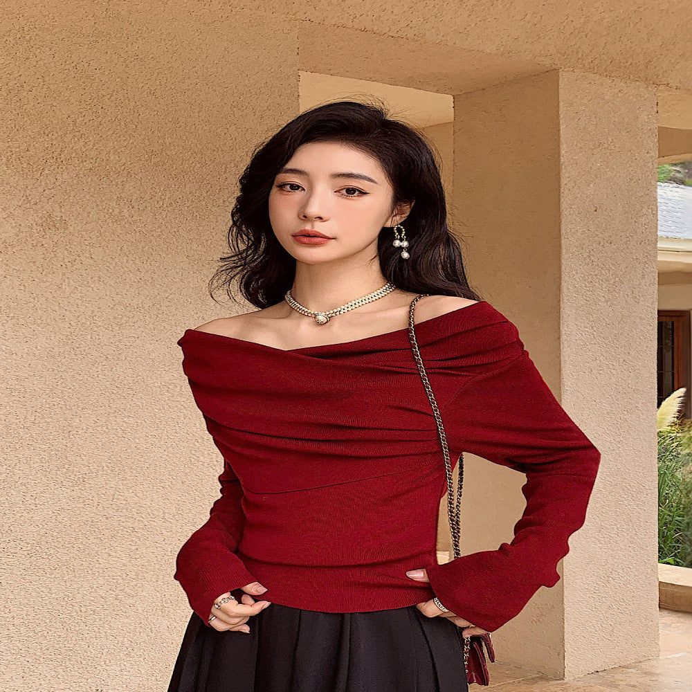 Burgundy 2025 Early Spring New Year of the Snake Zodiac Shirt Single line Collar Wool Sweater Ladies Bottom Top image 3