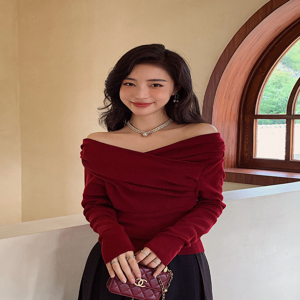 Burgundy 2025 Early Spring New Year of the Snake Zodiac Shirt Single line Collar Wool Sweater Ladies Bottom Top image 4