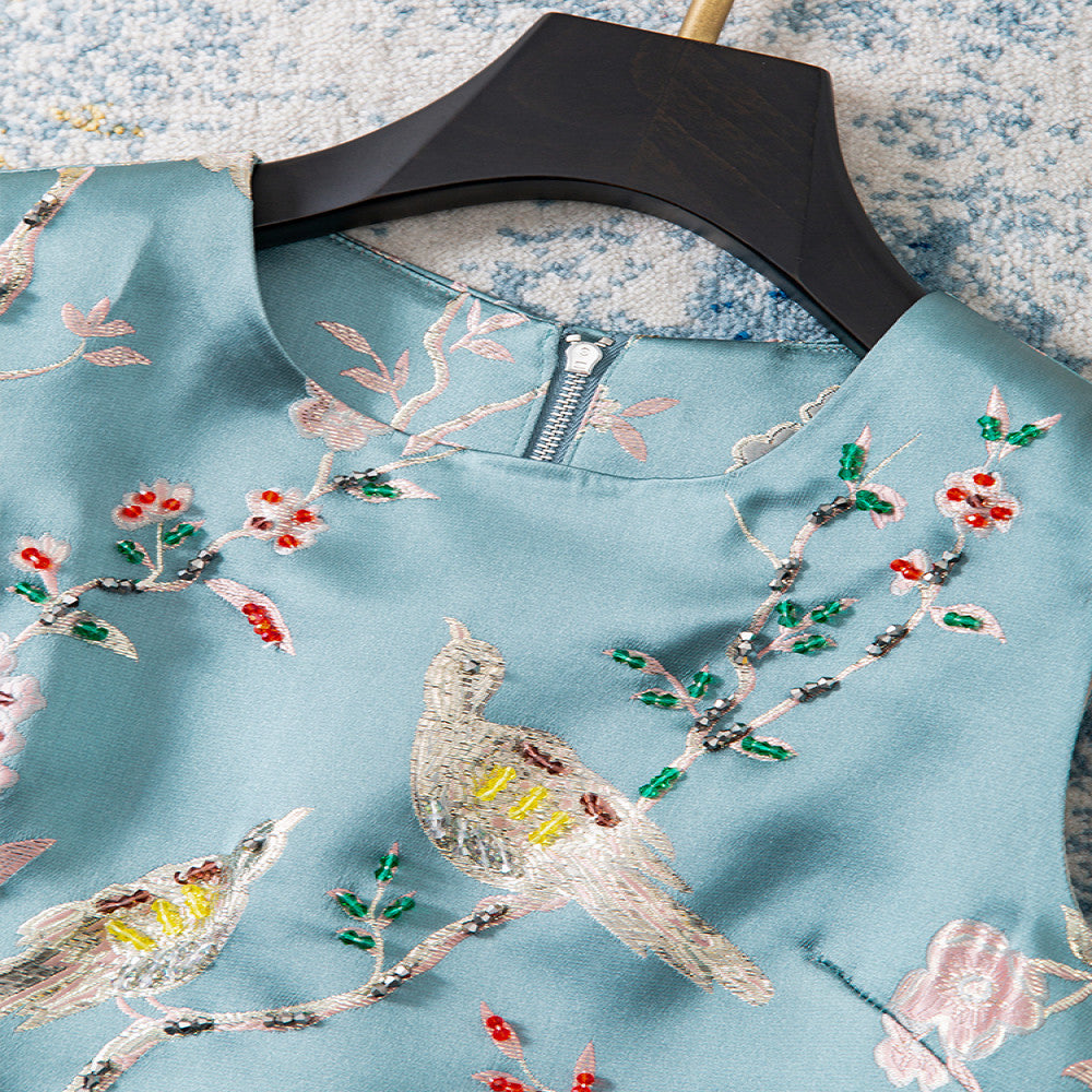 High end Happy Branches Heavy Beaded Rhinestone Embroidered Blue Dress Women s Spring New Chinese Style Vest Dress image 2
