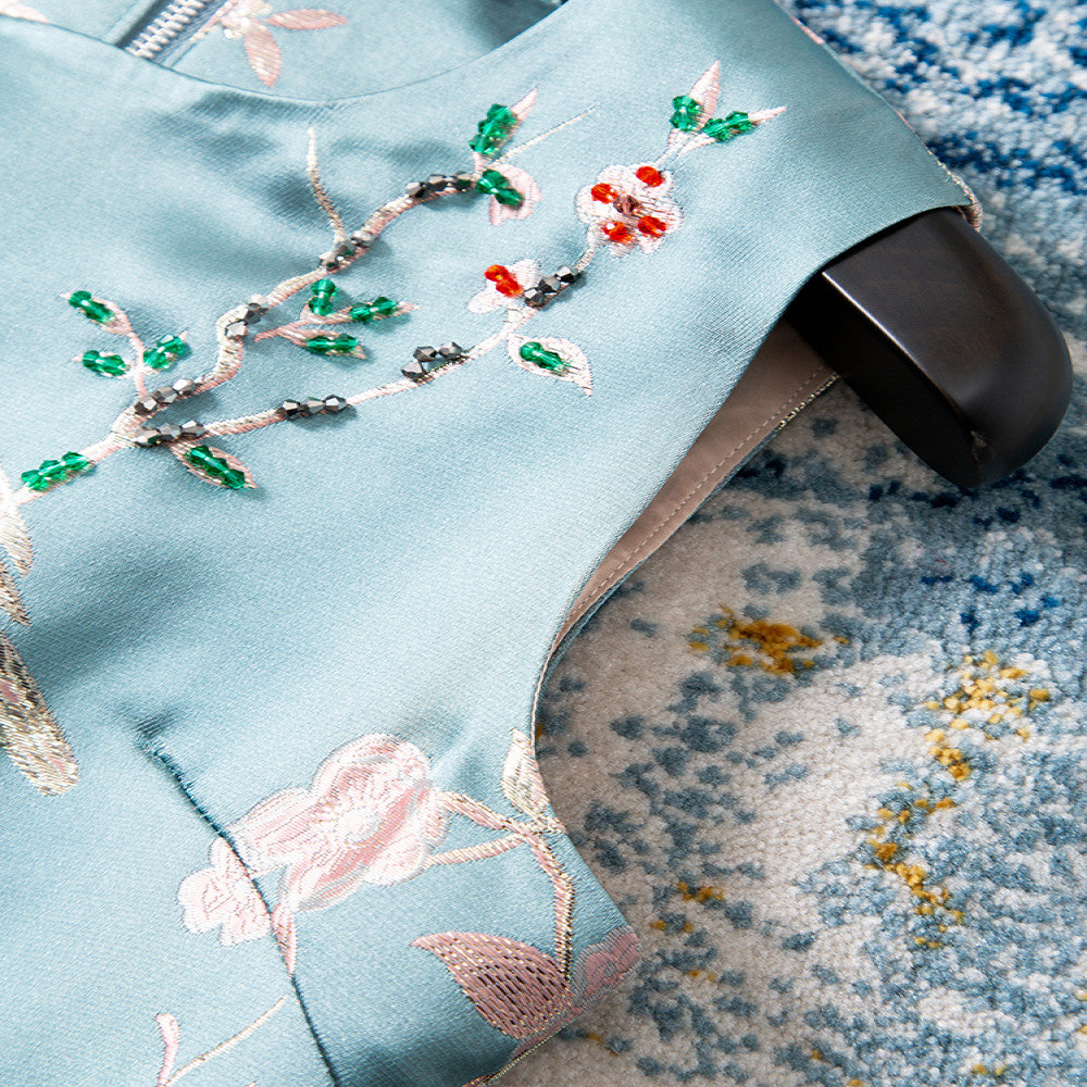 High end Happy Branches Heavy Beaded Rhinestone Embroidered Blue Dress Women s Spring New Chinese Style Vest Dress image 3