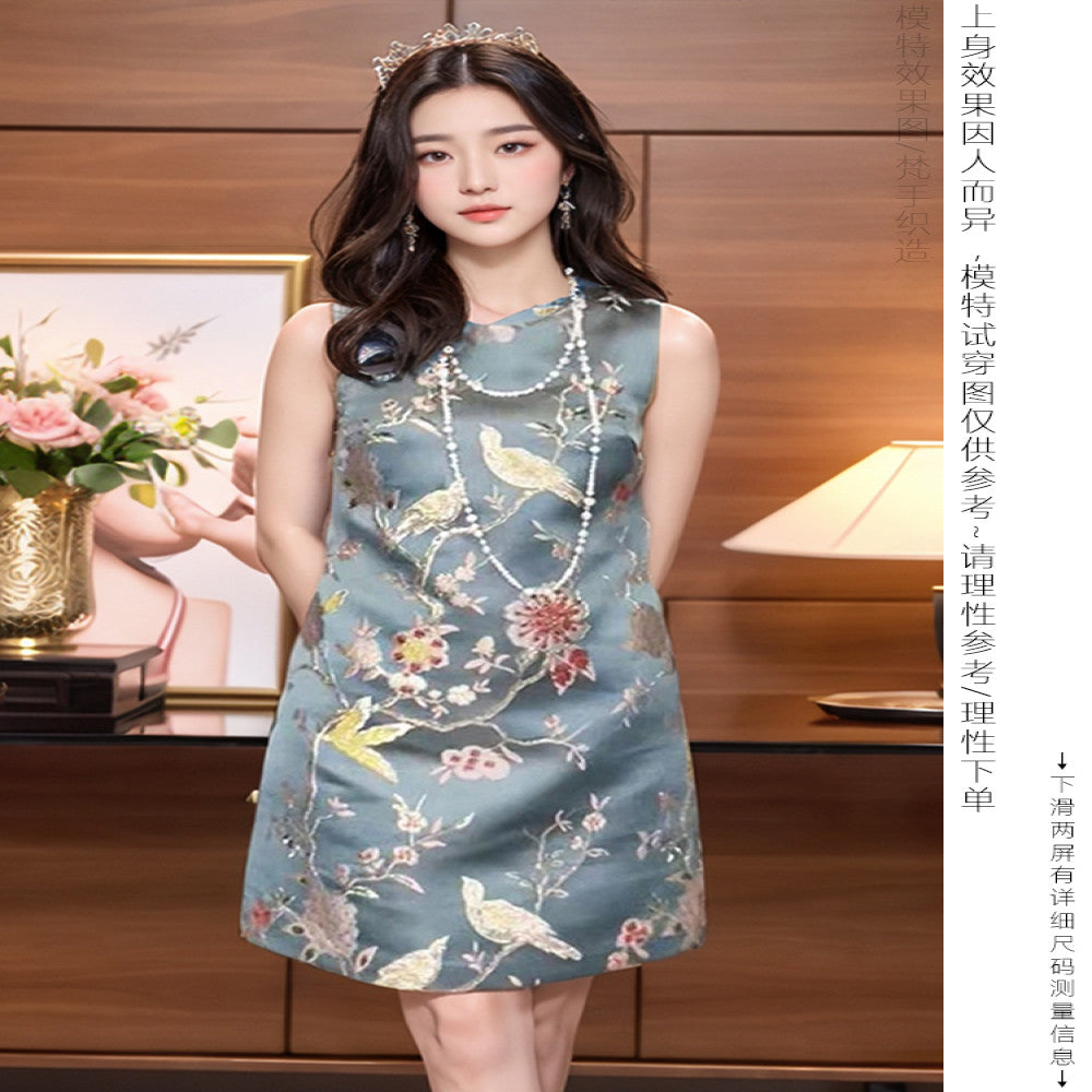 High end Happy Branches Heavy Beaded Rhinestone Embroidered Blue Dress Women s Spring New Chinese Style Vest Dress image 5