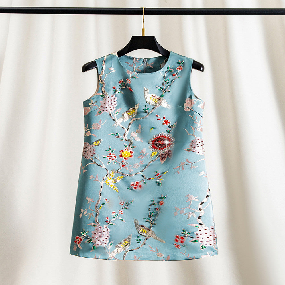 High end Happy Branches Heavy Beaded Rhinestone Embroidered Blue Dress Women s Spring New Chinese Style Vest Dress image 0