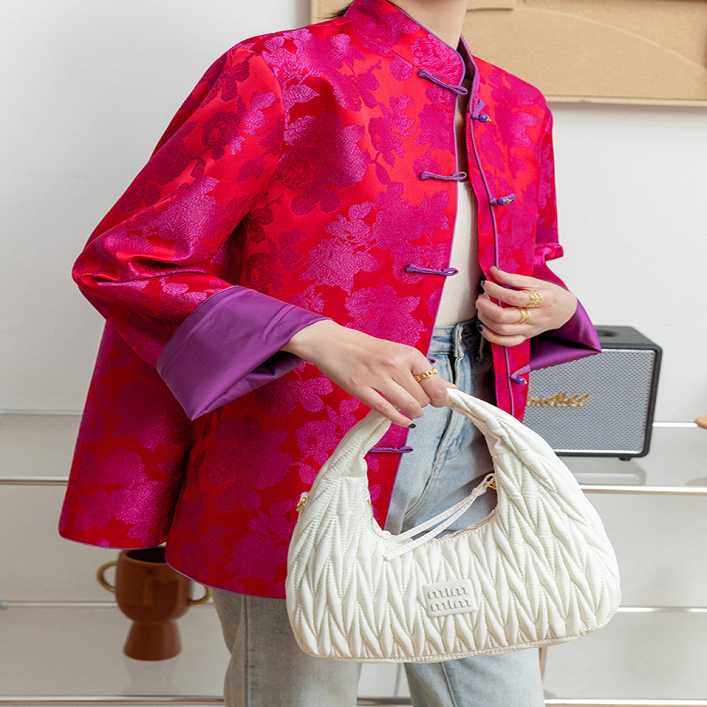 Rose red retro jacquard woven satin jacket for women with a sense of luxury foreign style and improved Chinese style New Chinese style buttoned top trend image 0