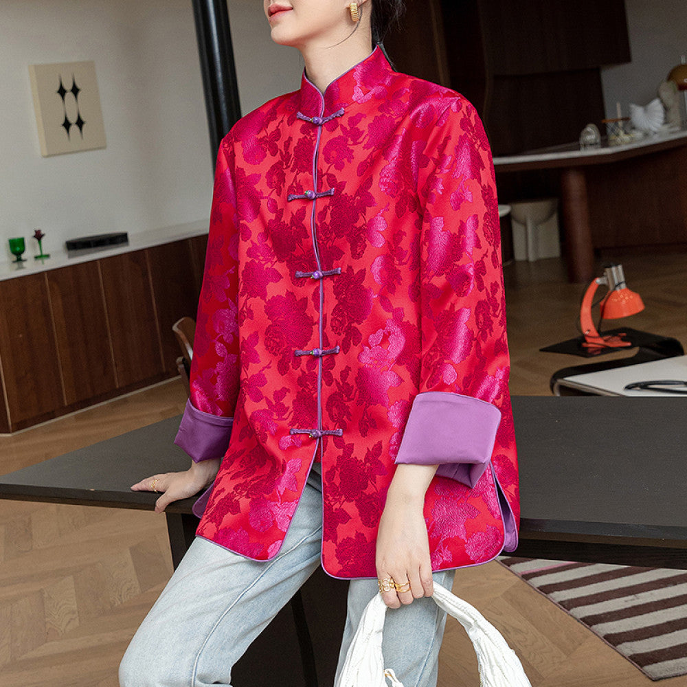 Rose red retro jacquard woven satin jacket for women with a sense of luxury foreign style and improved Chinese style New Chinese style buttoned top trend image 25