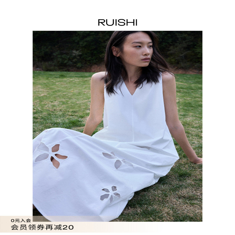 RUISHI s new heavyweight positioning hollow embroidery pure cotton sleeveless A line dress long skirt for women in summer image 1