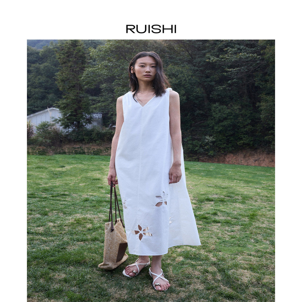 RUISHI s new heavyweight positioning hollow embroidery pure cotton sleeveless A line dress long skirt for women in summer image 3